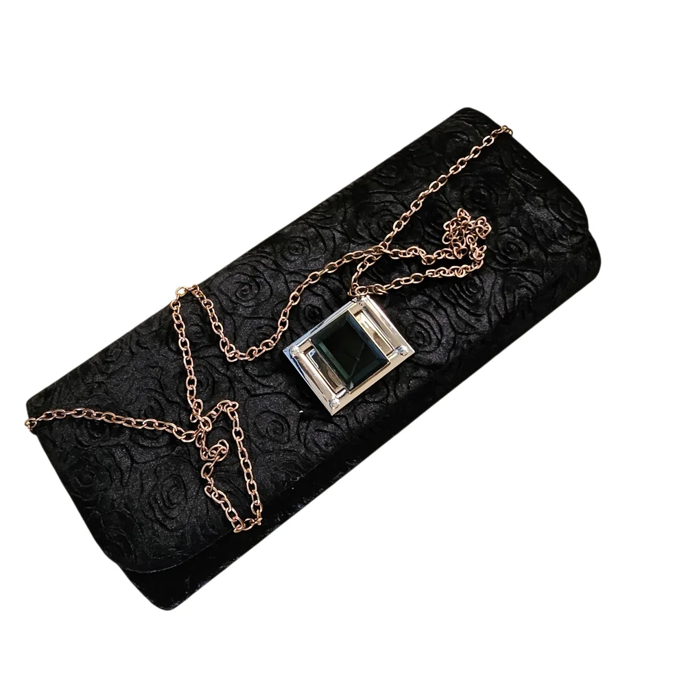 d'margeaux New York Black Velvet Floral Embossed Clutch With Chain Strap